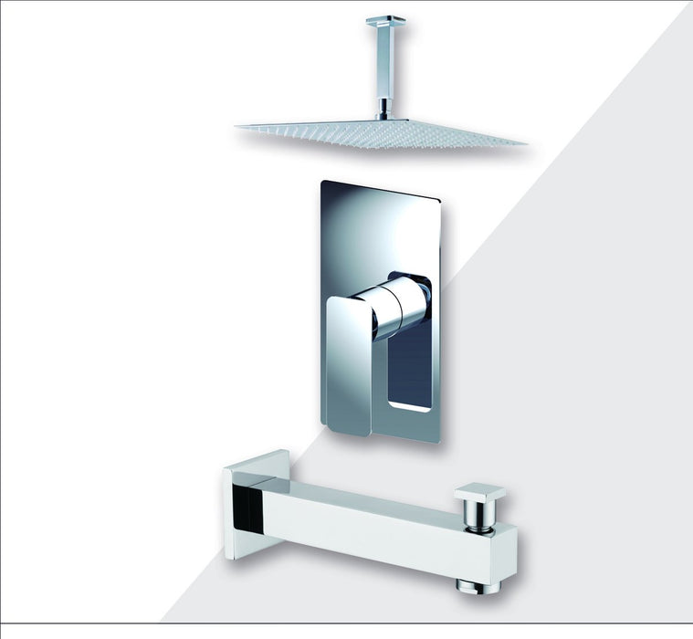 Aquamoon Axo Chrome Shower With Tub Spout And 8" Rain Shower Head, Ceiling Mounted Arm + Rough In + Trim Included Setaxo20821