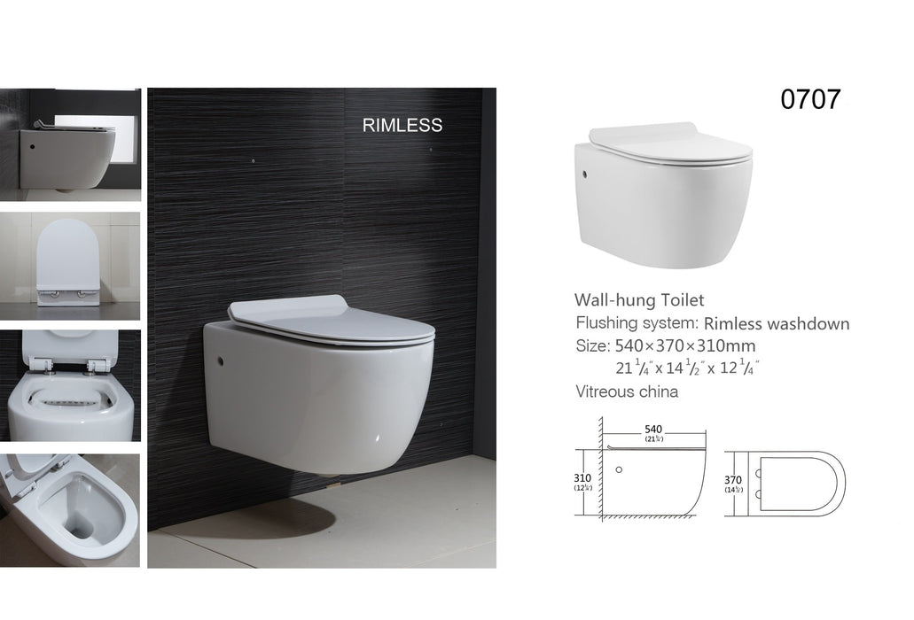Aquamoon 707 Round Wall-Hung Elongated One Piece Toilet With Soft Closing Seat, Water Sense, High-Efficiency, Color White
