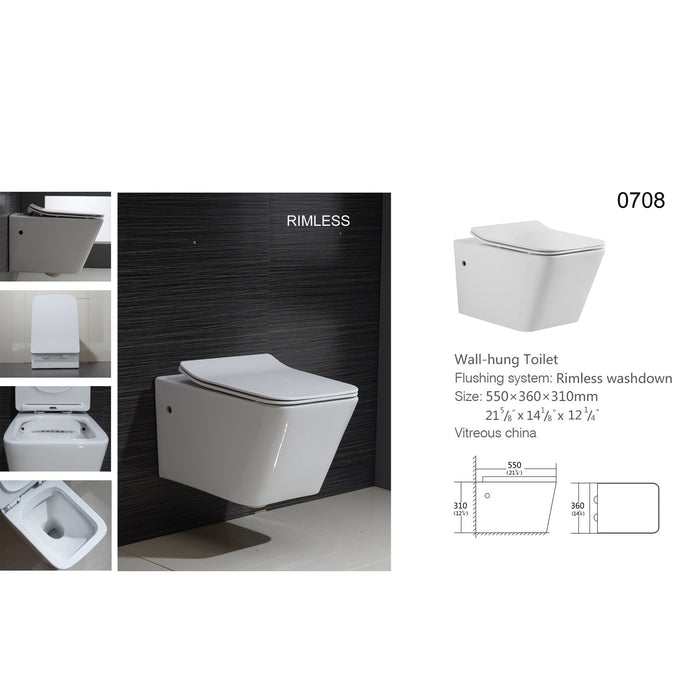 Aquamoon 708 Square Wall-Hung Elongated One Piece Toilet With Soft Closing Seat, Water Sense, High-Efficiency, Color White