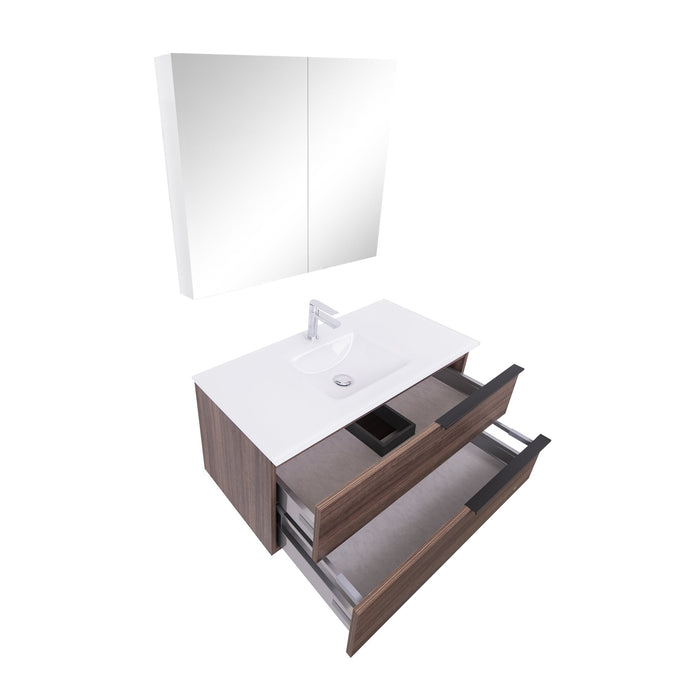 Aquamoon  Mallorca 36 Walnut Wall Mounted Modern Bathroom Vanity Set  With Solid Surface Sink