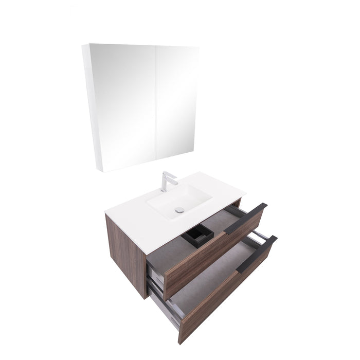 Aquamoon  Mallorca 39 Walnut Wall Mounted Modern Bathroom Vanity Set  With Solid Surface Sink