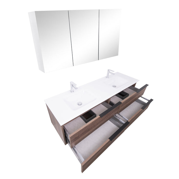 Aquamoon  Mallorca 63 Double Sink  Walnut Wall Mounted Modern Bathroom Vanity Set  With Glass Sink