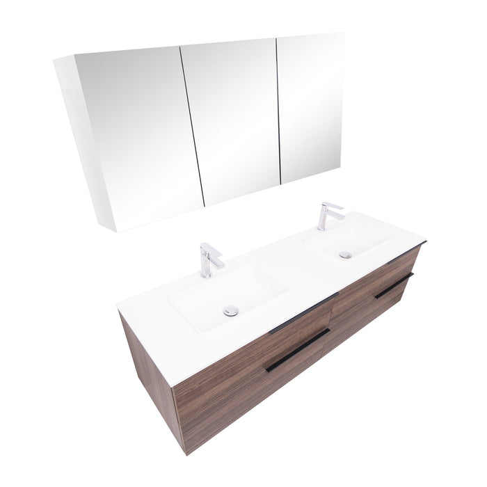 Aquamoon  Mallorca 63 Double Sink  Walnut Wall Mounted Modern Bathroom Vanity Set  With Solid Surface Sink