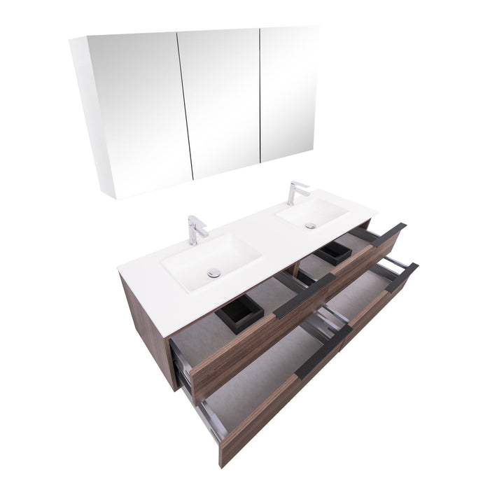 Aquamoon  Mallorca 63 Double Sink  Walnut Wall Mounted Modern Bathroom Vanity Set  With Solid Surface Sink