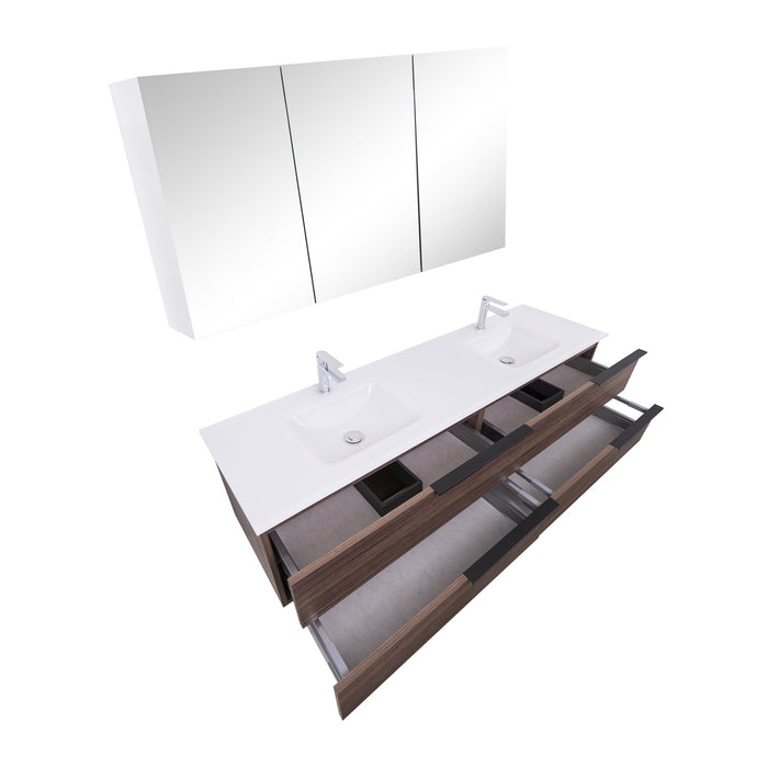 Aquamoon  Mallorca 72 Double Sink  Walnut Wall Mounted Modern Bathroom Vanity Set  With Glass Sink