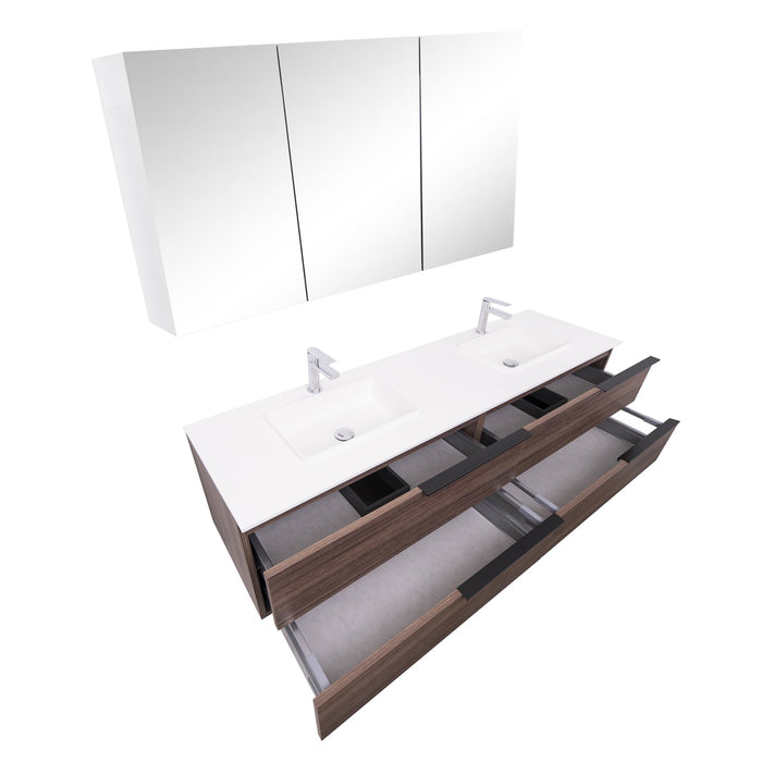 Aquamoon  Mallorca 72 Double Sink  Walnut Wall Mounted Modern Bathroom Vanity Set  With Solid Surface Sink
