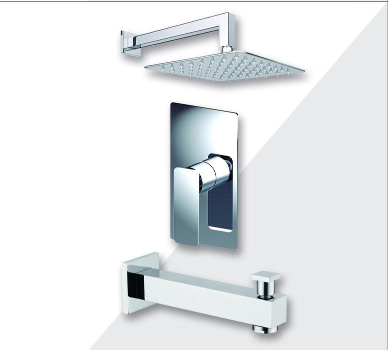 Aquamoon Axo Chrome Shower With Tub Spout And 8" Rain Shower Head, Wall Mounted Arm + Rough In + Trim Included Setaxo10821
