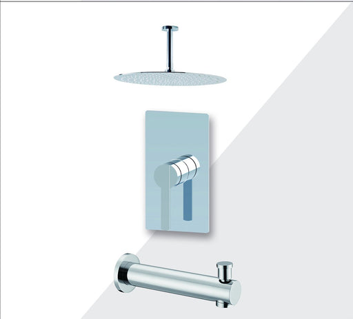 Aquamoon Bali Chrome Shower With Tub Spout And 12" Rain Shower Head, Ceiling Mounted Arm + Rough In + Trim Included Setbali21221