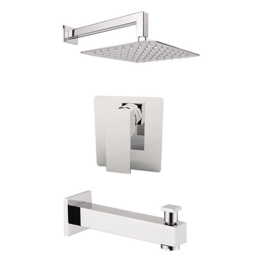 Aquamoon Milan Chrome Shower With Tub Spout And 8" Rain Shower Head, Wall Mounted Arm + Rough In + Trim Included Setmil10821