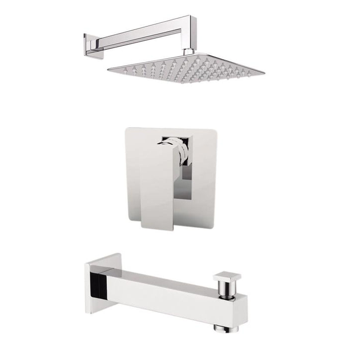 Aquamoon Milan Chrome Shower With Tub Spout And 8" Rain Shower Head, Wall Mounted Arm + Rough In + Trim Included Setmil10821