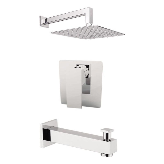 Aquamoon Milan Chrome Shower With Tub Spout And 12" Rain Shower Head, Wall Mounted Arm + Rough In + Trim Included Setmil11221