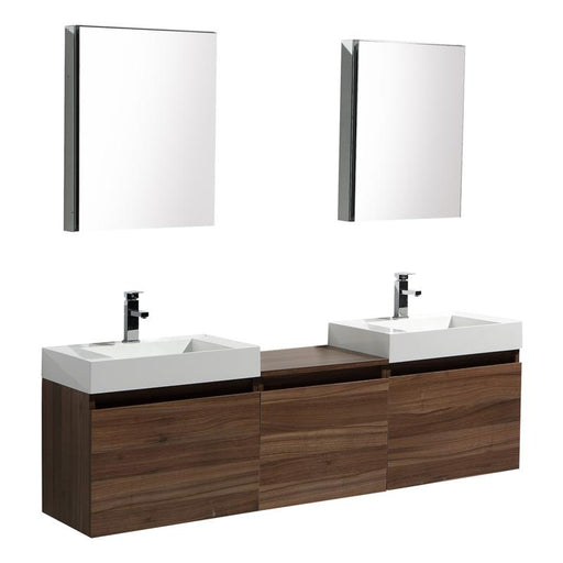 Aquamoon Venice 69 Double Infinity Sink Walnut  Wall Mounted Modern Bathroom Vanity Set
